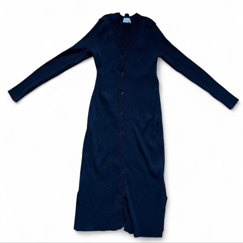 Marled black Long Ribbed Button-Front Dress